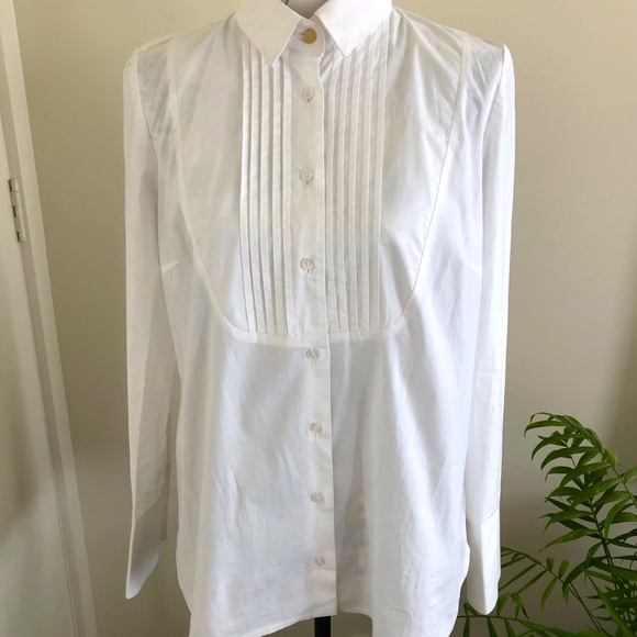 (Unknown) Size 12 White Tuxedo Knife Pleat Cotton Full Cuff Gold Button Shirt - Picture 4 of 15